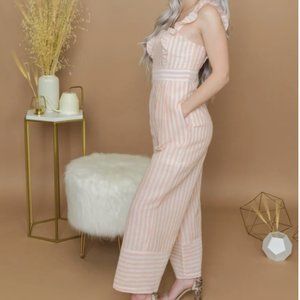 &Merci White and Pink Striped Ruffle Jumpsuit